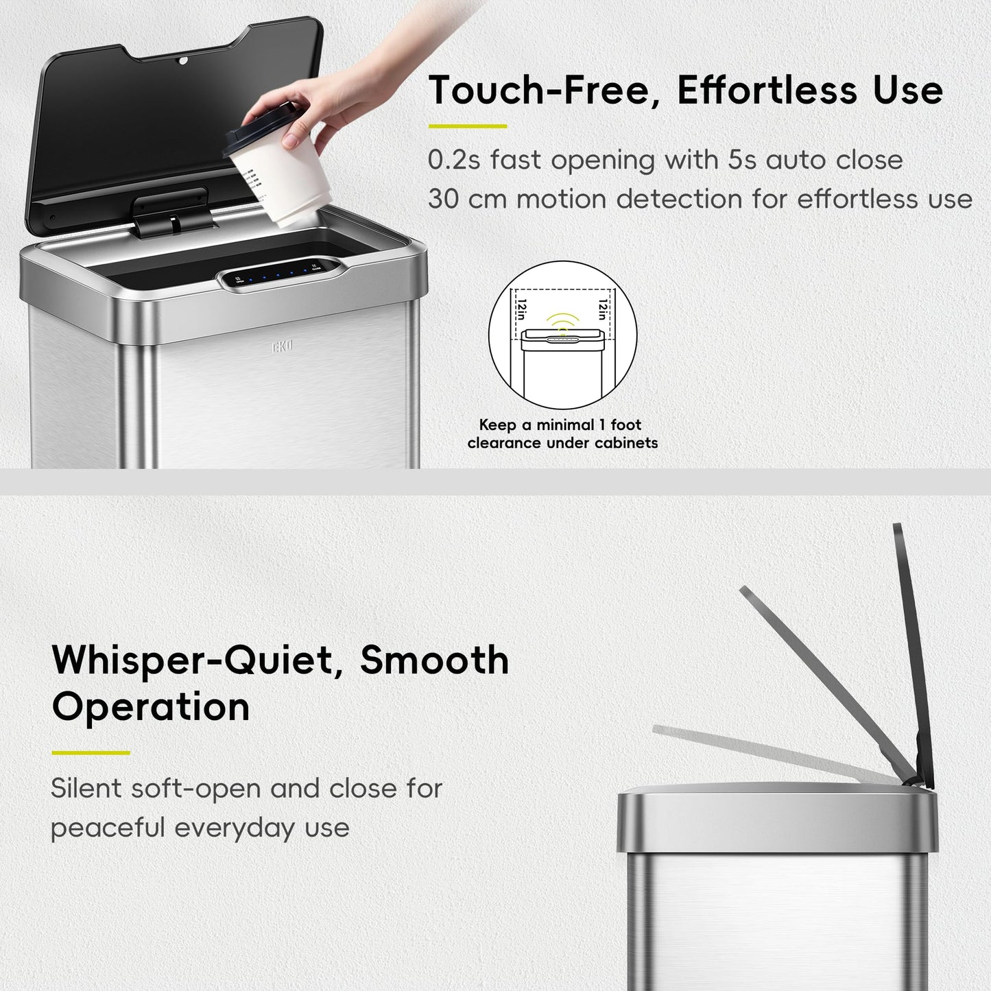 EKO Mirage-T 50 Liter / 13.2 Gallon Touchless Rectangular Motion Sensor Trash Can, Brushed Stainless Steel Finish