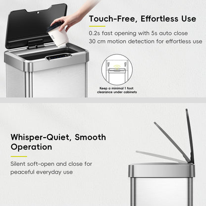 EKO Mirage-T 50 Liter / 13.2 Gallon Touchless Rectangular Motion Sensor Trash Can, Brushed Stainless Steel Finish