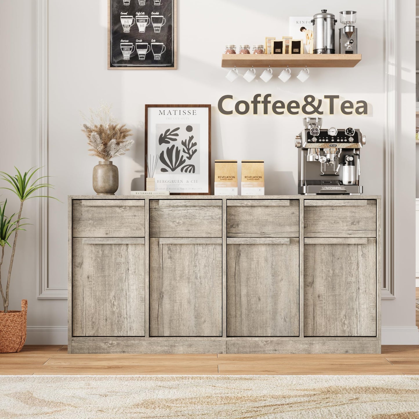 PioneerWorks Sideboard Buffet Cabinet with 4 Drawers, 62.4 Inch Large Coffee Bar Cabinet, Modern Storage Cabinet for Kitchen Dining Room, Gray Buffet Table with Storage, 4 Doors & 4 Drawers