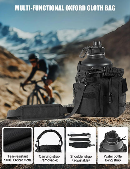banloga Tactical Half Gallon Water Bottle with Straw, 64 Oz Insulated Water Jug with Molle Water Bottle Holder, Stainless Steel Sport Bottle with 3 BPA Free Lids for Gym Workout Hiking (Black)