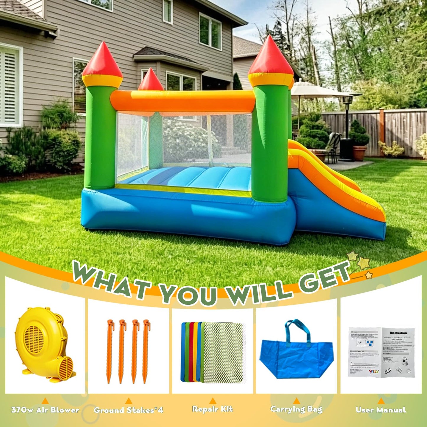 YARD Bounce House, Inflatable Bounce House with Slide for Kids 5-12, Bouncy House with Blower for Outdoor Backyard/Indoor, 12ft x 9ft x 8ft Bouncy Castle, Jump House for Adult Toddlers Kids Party