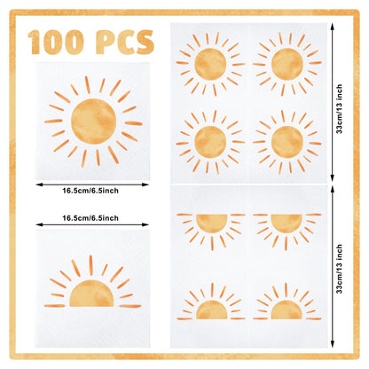100 PCS Boho Sun Paper Napkins First Trip Around The Sun Birthday Party Napkin Boho Hippie Sunshine Disposable Luncheon Napkins for Baby Shower Birthday Party Supplies, 6.5 x 6.5 inch
