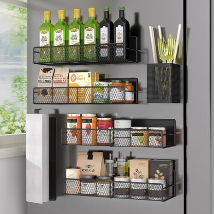 6 Pack 100% Magnetic Spice Rack for Refrigerator, Metal Strong Magnet Shelf Black, Space Saving Spice Organizer, Home