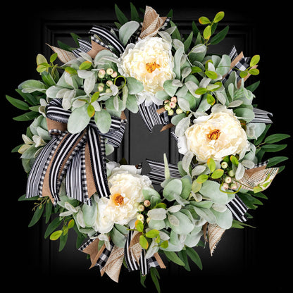 Lambs Ear Wreaths for Front Door Year Round Outside, 20'' Artificial Spring Summer Wreath with Peony Buffalo Bow Green Handmade Farmhouse Home Decor
