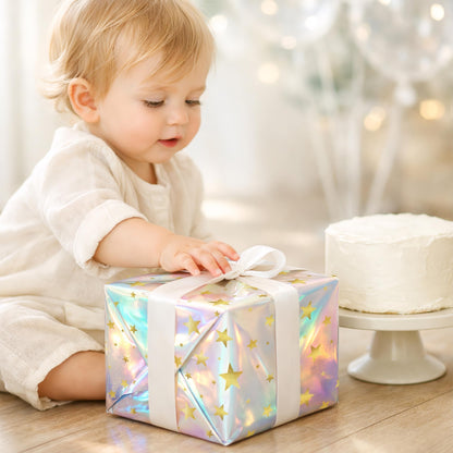 Cheerland Iridescent Gift Wrap Gold Star Holographic Wrapping Roll Foil Metallic Stars for Birthday Disco Baby Shower Celestial Starry Night Galaxy Wedding Bridal Halloween Euphoria Party Supplies