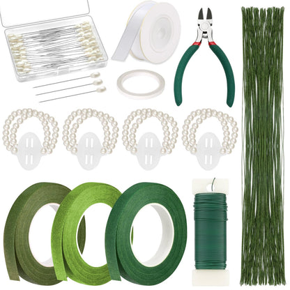 Paxcoo Floral Tape and Floral Wire Arrangement Tool Kit with Green Tape, Floral Wire, Boutonniere Flower pin, Cutter, White Ribbon and Elastic Pearl Wrist Corsage Bands for Bouquets