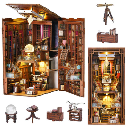 MiniCity Book Nook Kit, DIY Miniature Dollhouse Booknook Kit, 3D Wooden Puzzle Bookend Bookshelf Insert Decor with LED Light for Teens and Adults (Beyond Library)