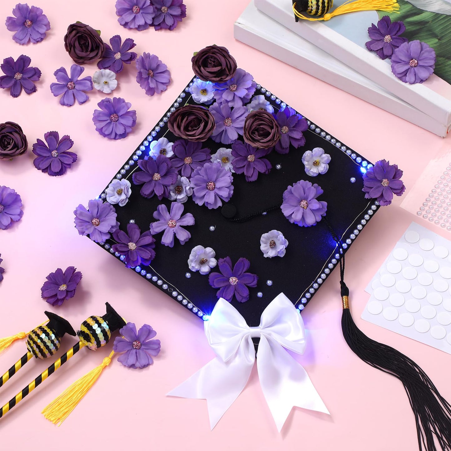 Solsew 50 Pcs DIY Graduation Cap with Lights Decoration Kit Include Artificial Flower String Light Ribbon Bow Pearl Sticker for DIY Cap 2026 Graduation Party(Blue Light, Purple Flower)