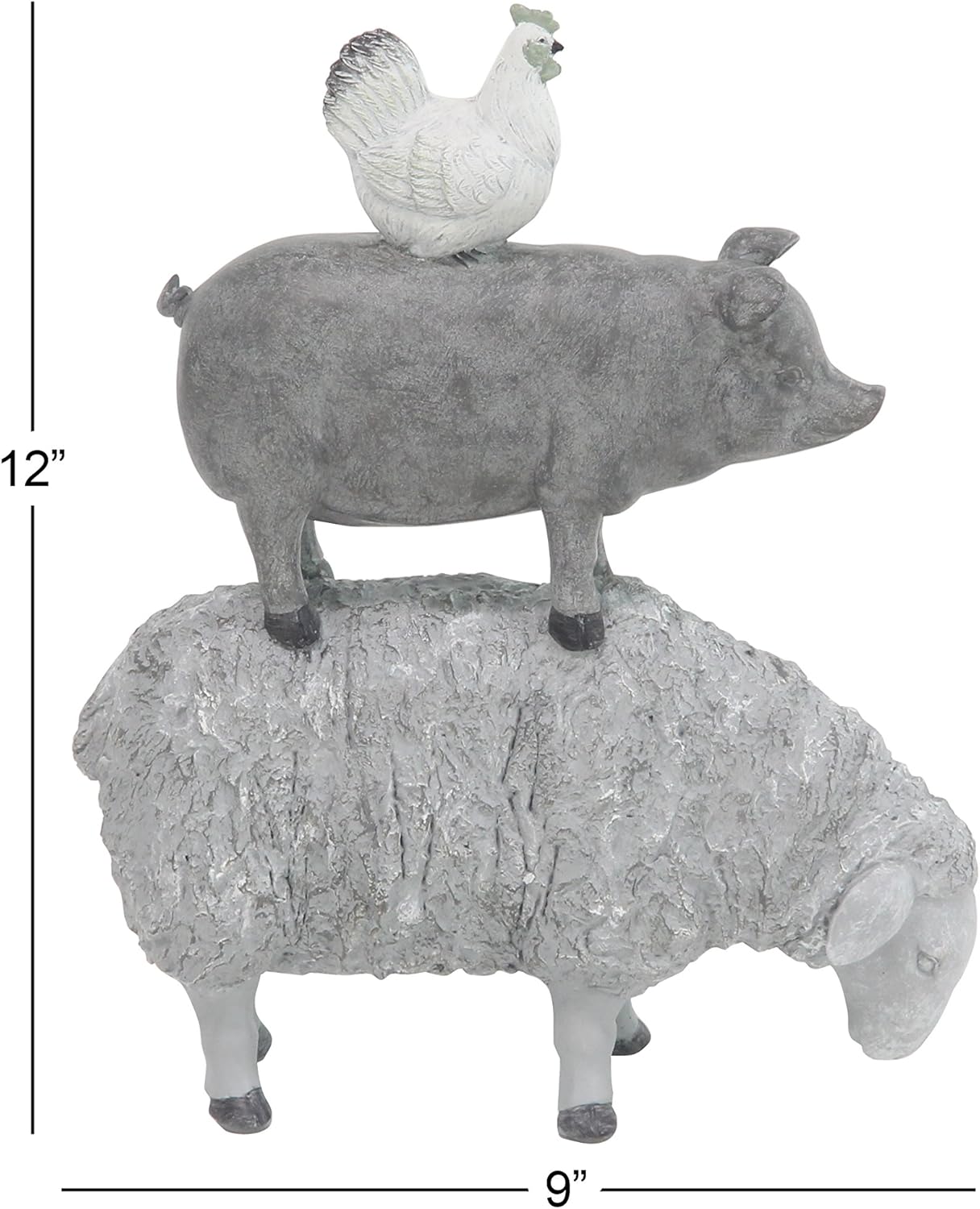 Deco 79 Polystone Farm Animals Decorative Sculpture, Stacked Home Decor Statue, 9" x 4" x 12", Gray
