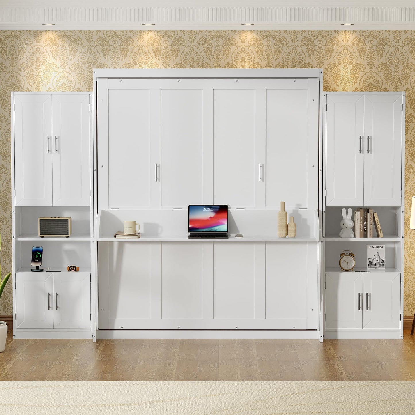 PVWIIK Queen Size Murphy Bed with Storage Drawers & Desk,Wall Bed Frame Folding into Cabinet Design w/Charging Station & Storage Shelf for Small Space,Bedroom,Guest Room,White