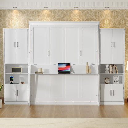 PVWIIK Queen Size Murphy Bed with Storage Drawers & Desk,Wall Bed Frame Folding into Cabinet Design w/Charging Station & Storage Shelf for Small Space,Bedroom,Guest Room,White