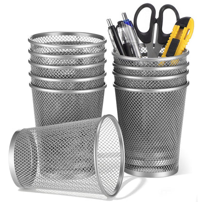 Poola Voidra 12 Pack Mesh Pen Holder Metal Pencil Cup for Desk Round Pen Holder Desktop Pencil Basket Multifunctional Organizer for Office Home Makeup Brush Tabletop, Silver