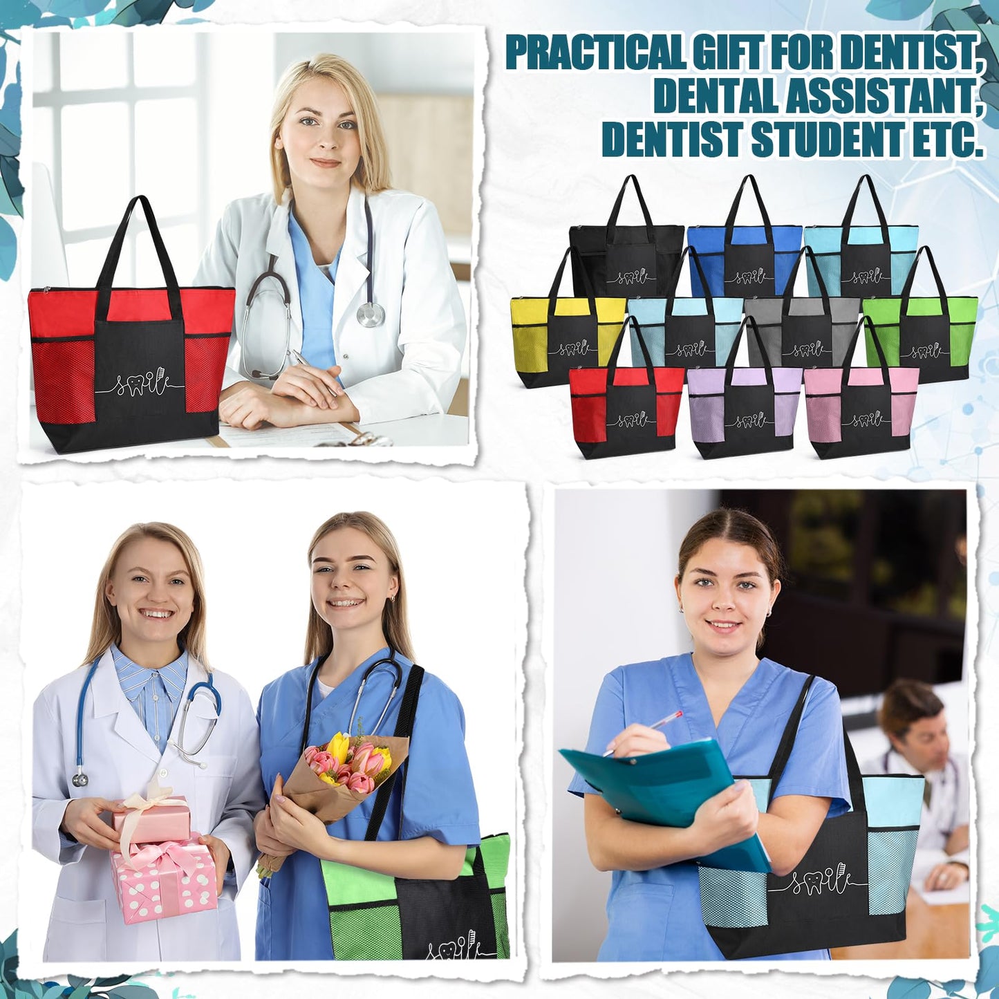 Locmeo 20 Pcs Dental Gifts Dental Assistant Hygienist Multicolor Tote Bags with Mesh Pocket for Dentist Office Accessories