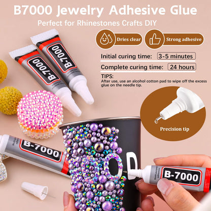 14000PCS Flatback Pearls and Rhinestones for Bedazzling Kit, Purple 3-10mm Resin Rhinestones and Half Pearls for Crafting, Nail Art Dec with 3pcs B7000 Jewelry Glue