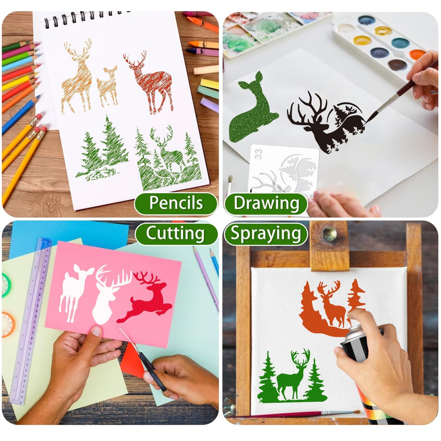 35 Pack Deer Stencils for Painting on Wood, Pine Tree Stencils Deer Head Antlers Stencil Forest Animal Template for DIY Craft Wall Fabric Rock Chalkboard Sign School Art Scrapbook Projects (Deer)
