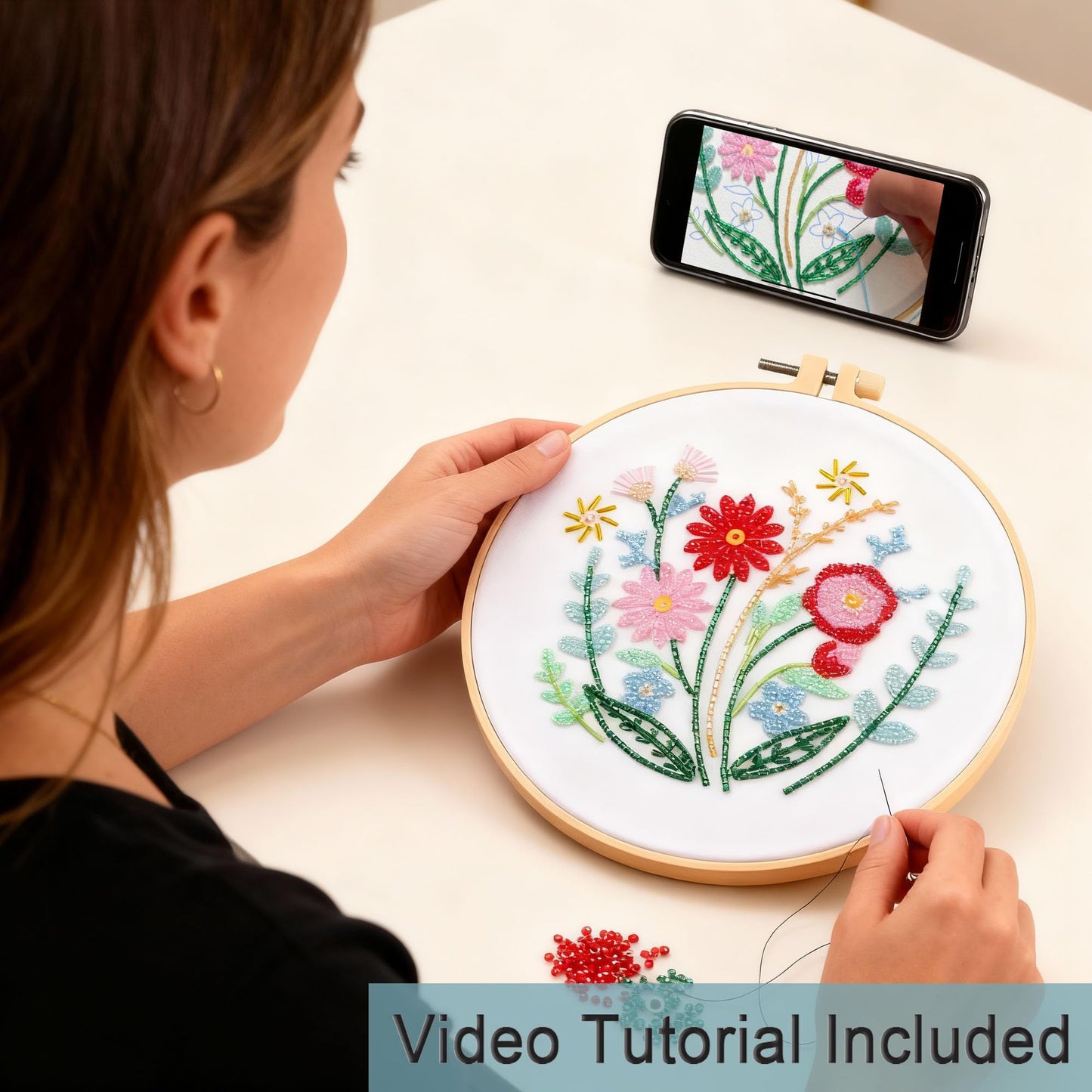 Harimau Bead Embroidery Starter Kit for Beginners (3 Sets) – Basic Flower Stitches, Includes Embroidery Hoop, Diagrams & Step-by-Step Video Tutorials – Gift for Craft Lovers