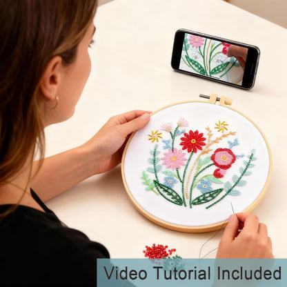 Harimau Bead Embroidery Starter Kit for Beginners (3 Sets) – Basic Flower Stitches, Includes Embroidery Hoop, Diagrams & Step-by-Step Video Tutorials – Gift for Craft Lovers