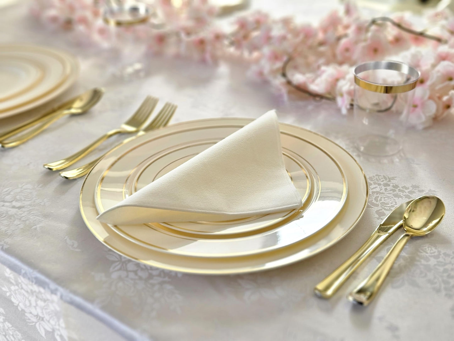 OCCASIONS 40 Pack Disposable Plastic Charger Plates 12 Inch, Heavy Duty Bulk Chargers for Dinner Plates, Wedding Party, Fancy Dinnerware, Recyclable BPA Free (Ivory & Gold Rim)