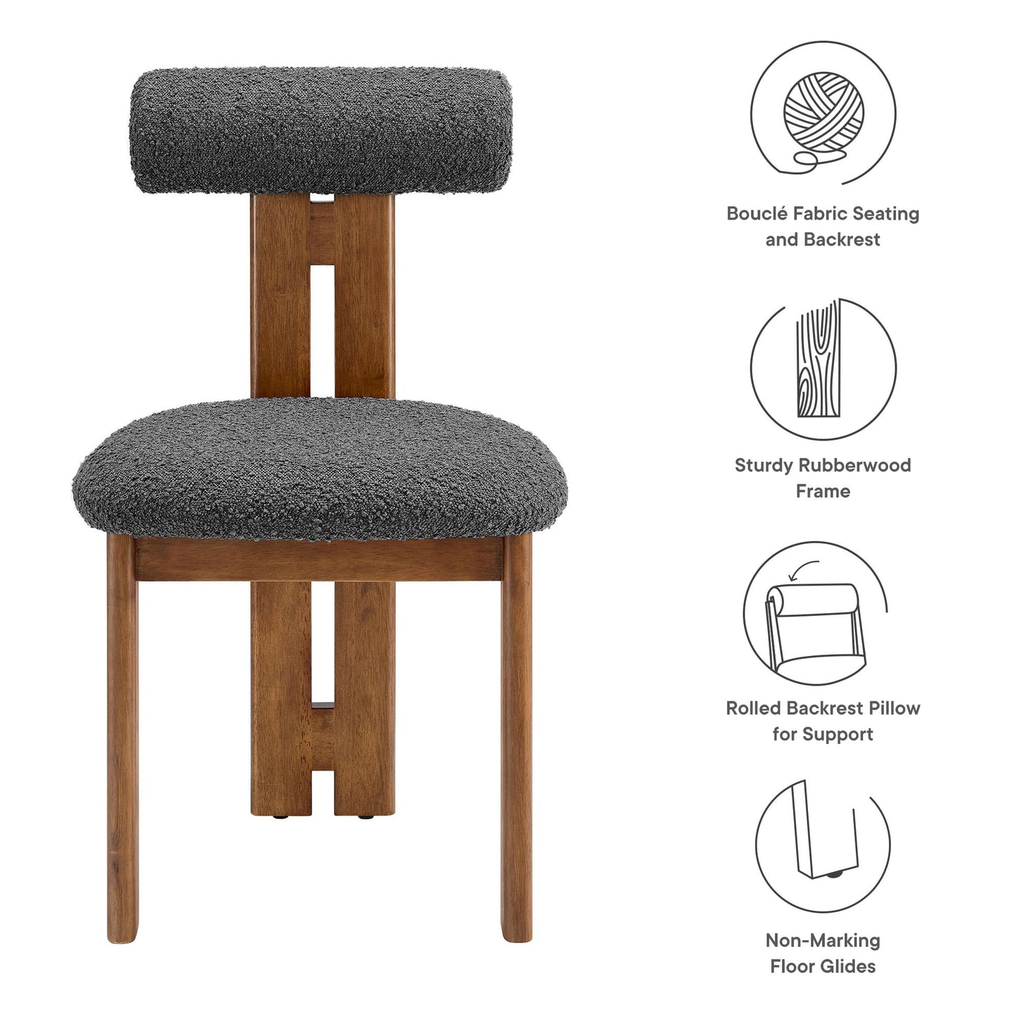 Modway Torian Upholstered Boucle Dining Chairs Set of 2 in Walnut Charcoal - 3-Legged Farmhouse Kitchen Chairs - Mid-Century Modern Armless Accent Chairs - Comfortable Side Chairs with Wood Legs