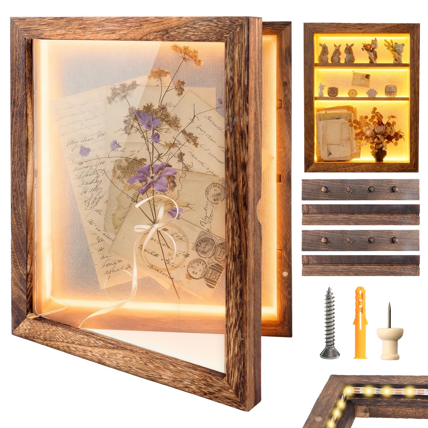 Shadow Box 14x11 Brown Picture Frames Display Cases with LED Light,Memory Keepsakes Boxes with 4 Removable Trinket Shelf,for Anniversary Wedding Baby Graduates Memorial Collect Deep Brown