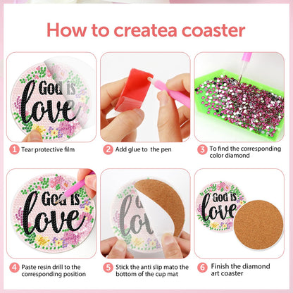 8 PCS Christian Bible Verse DIY Farmhouse Coasters Kit with Holder - Christian Present for Beginners, Adults, Kids - Diamond Art Crafts Supplies