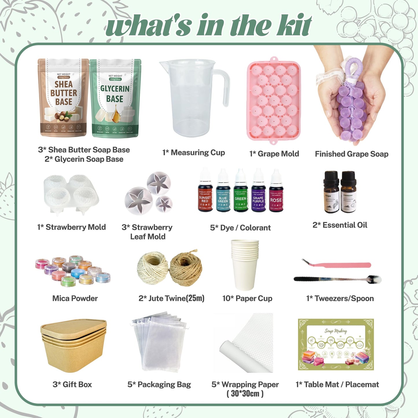 PIUH Grape & Strawberry Soap Making Kit with Finished Grape Soaps for Beginners, DIY Fruit Soap Making Kit with Complete Supplies, Soap Kits for Creative Soap Gifts (INCLUES Finished Grape SOAP)
