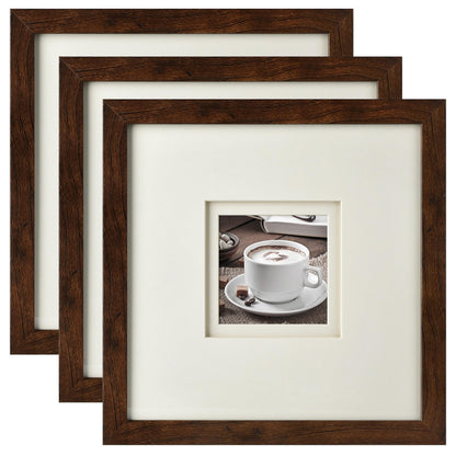 Yaetm 10x10 Square Picture Frame with Double Floating Ivory Mat 4x4, Brown Wood Grain Photo Frame with HD Tempered Glass for Wall Gallery, Home and Office, Wall Mounting, 3 Pack