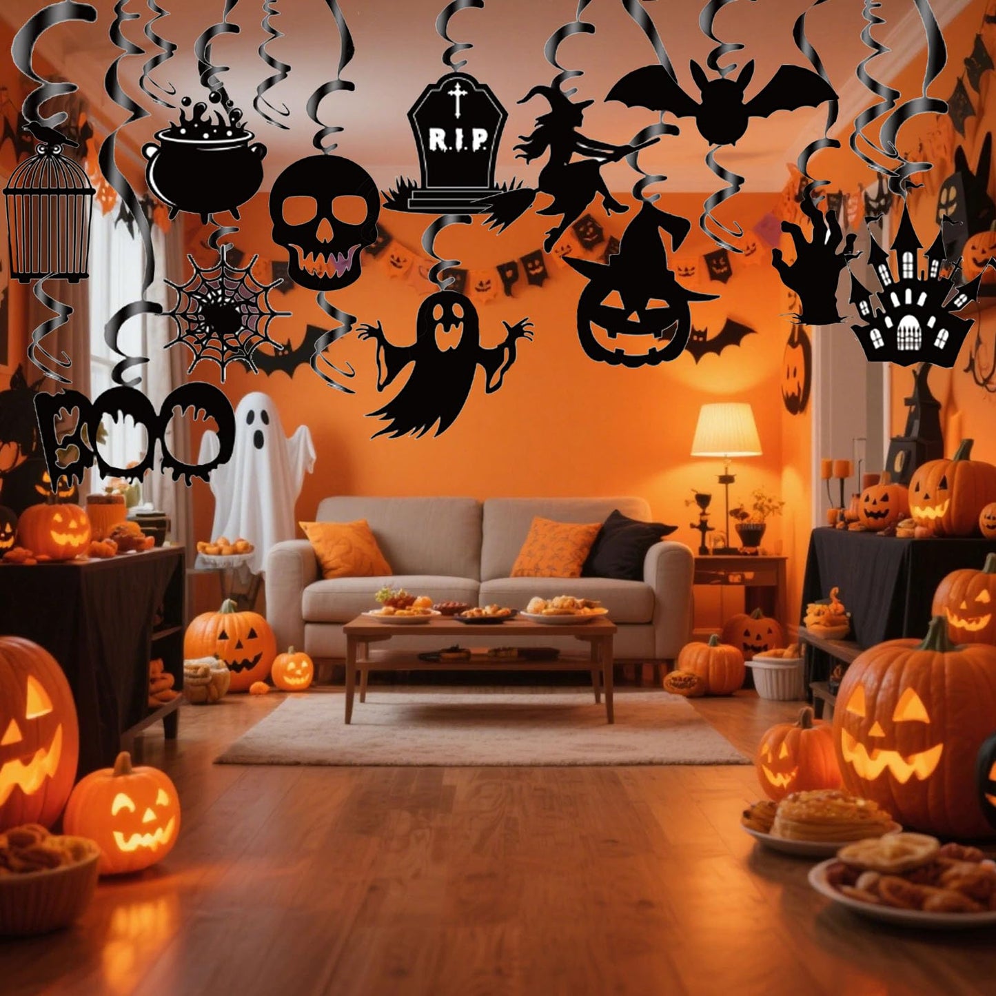 Halloween Hanging Swirls Decorations, LMSHOWOWO 30PCS Foil Hanging Ceiling Swirls Streamers with Black Spooky Ghost Witches Bat for Halloween Home Classroom Office Tree Door Porch Ceiling Decor