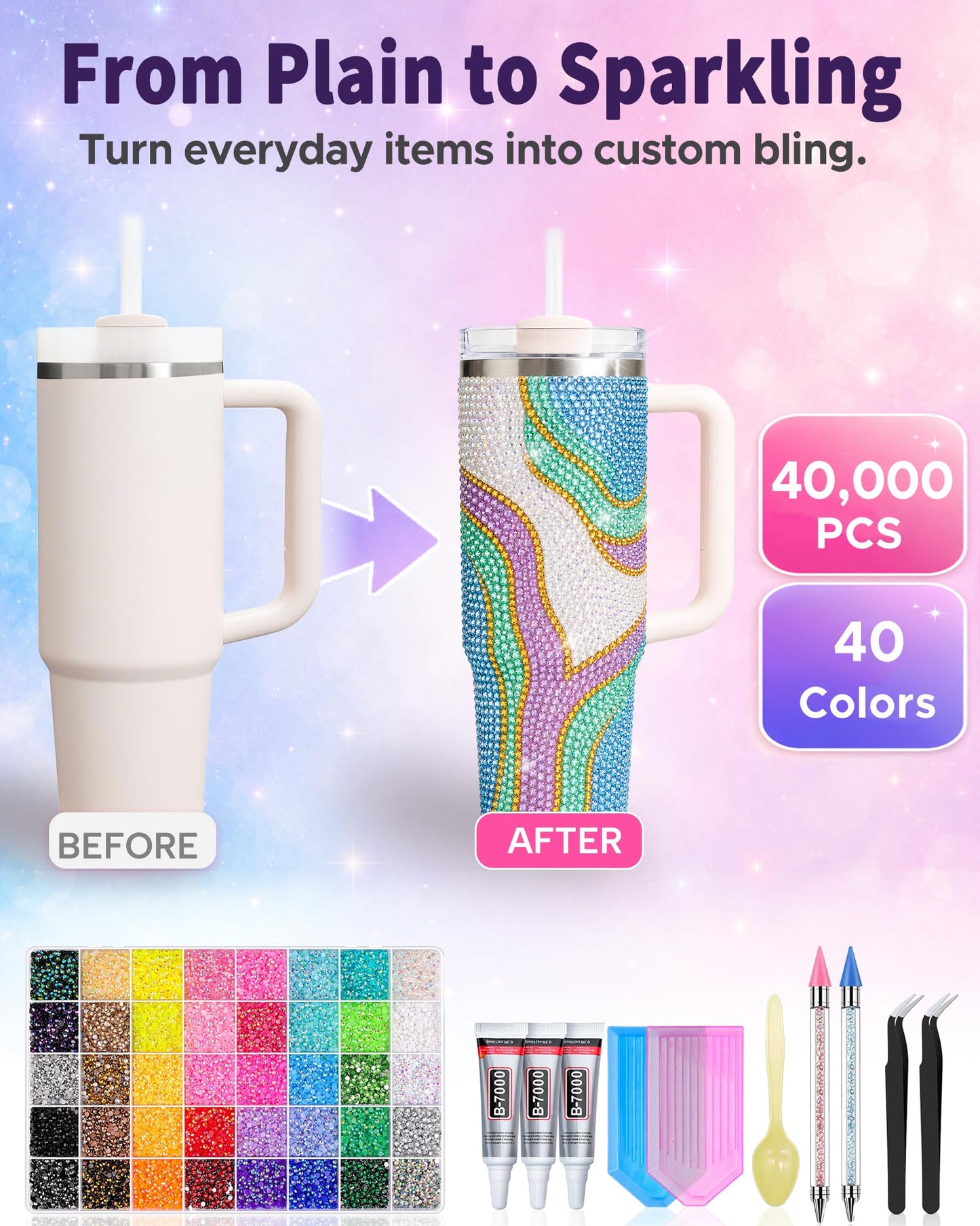 Lacuewa 40 Colors Rhinestone Kit for Bedazzling, 40000 Pcs 3mm Flatback Resin Jelly Rhinestones, All-in-One Bedazzling Kit with 3 Pcs B7000 Glue and Tools for Tumblers, Phone Cases, DIY Crafts