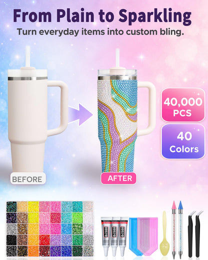 Lacuewa 40 Colors Rhinestone Kit for Bedazzling, 40000 Pcs 3mm Flatback Resin Jelly Rhinestones, All-in-One Bedazzling Kit with 3 Pcs B7000 Glue and Tools for Tumblers, Phone Cases, DIY Crafts
