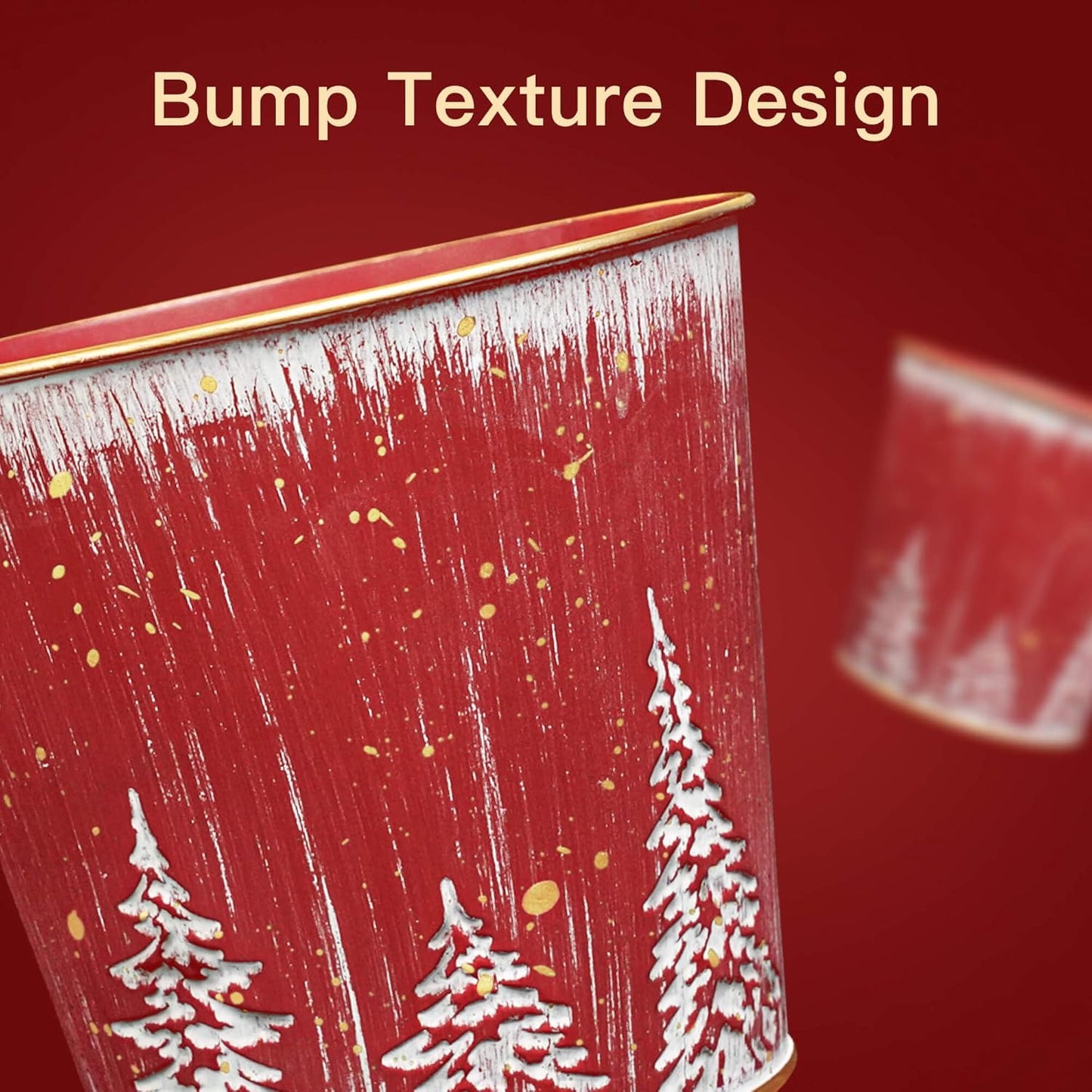5.9in 4Pcs Putuo Decor Christmas Planters Pots, Small Metal Tin Buckets with Christmas Tree Pattern, Round Galvanized
