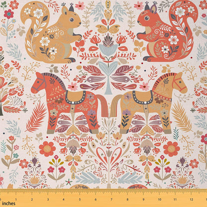 Castle Fairy Floral Horse Fabric by The Yard,Boho Botanical Soft Flannel Polyester No Stretch Fabric for Sewing Lover,Rustic Farmhouse Crafting Supplies,Fish Squirrel 1 Yard,36" L x 59" W