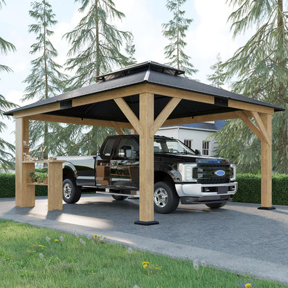 AMERLIFE 13x15 Spruce Wood Hardtop Carport, Outdoor Gazebo with Double Metal Roof & Storage Bar, Paviloin with Wood Frame for Patio, Parties, Garage, Lawns