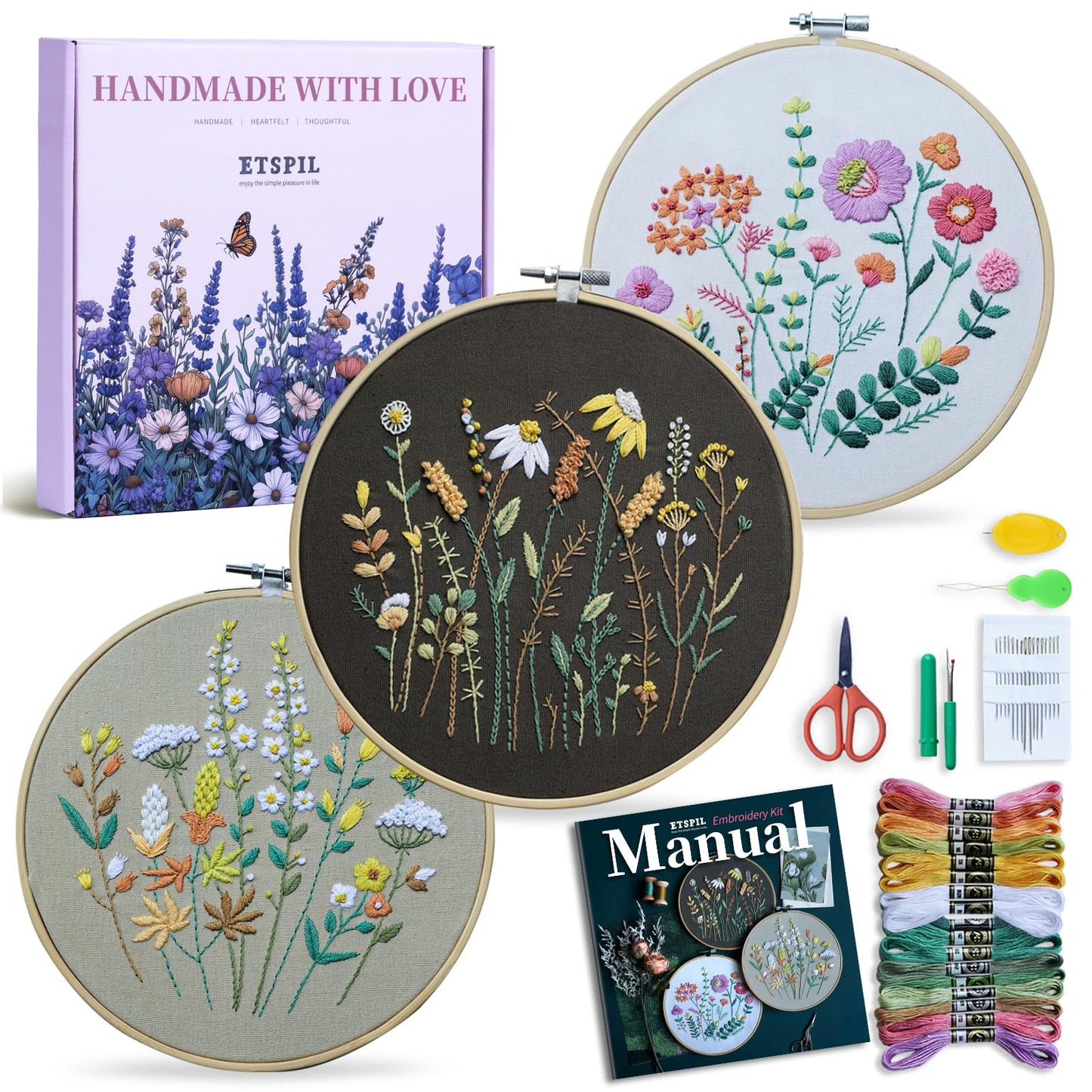 ETSPIL Beginner Embroidery Kit for Adults, 4K HD Video Tutorials, Pre-Printed Botanical Floral Designs, Essential Stitches & Bound Guide, Relaxing Screen-Free Activity for Women at Home