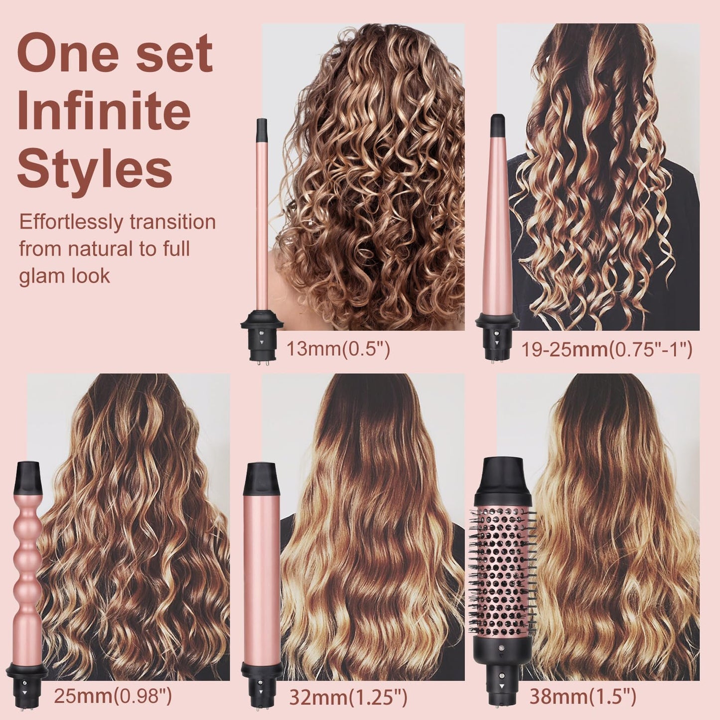 5 in 1 Curling Wand Set, Three Barrel Curling Iron Set with 3 Barrel Curling Iron and 4 Interchangeable Ceramic Curling Wand(0.5”-1.25”), Fast Heating, Include Glove & 2 Clips