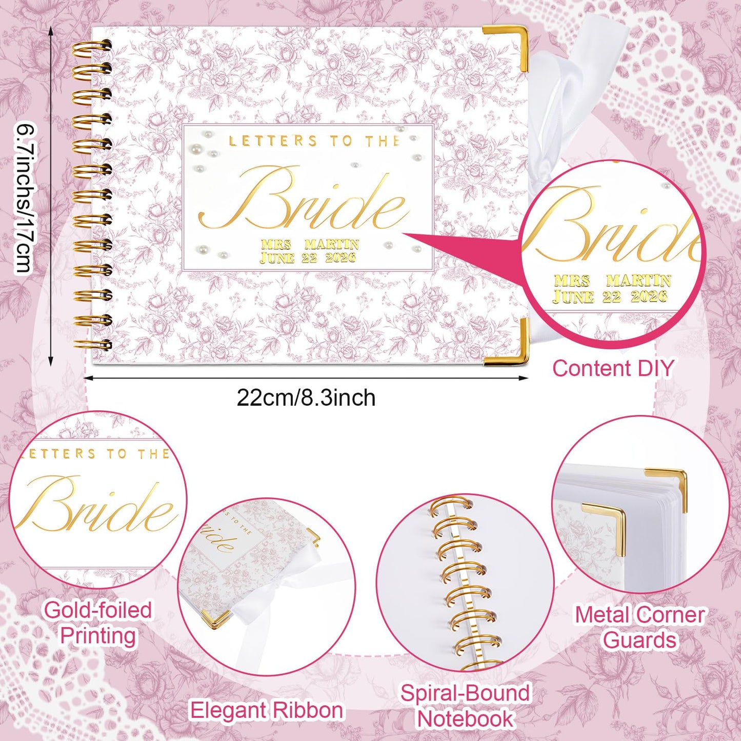 Humyoun Wedding Guest Book Letters to The Bride Scrapbook Wedding Memory Book Bridal DIY Blank Paper Scrapbook Photo Album Guest Sign with Pearl Stickers(8.5 x 7 Inch,Floral,Pink)