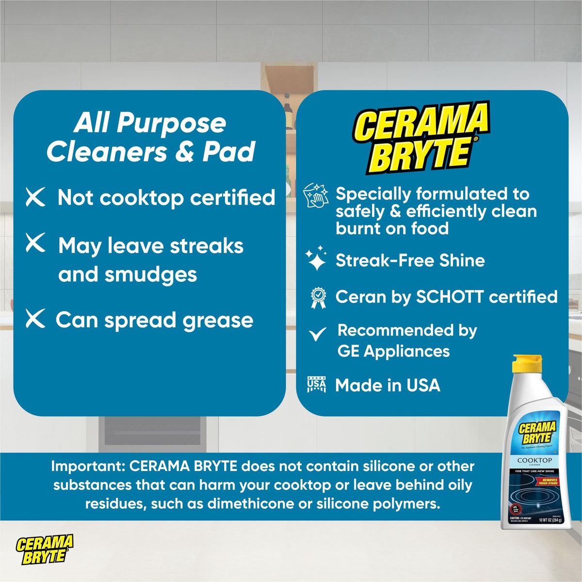 Cerama Bryte Glass Cooktop and Stove Top Cleaner Combo Kit - Includes Cleaning Tool, Razor, Scraper and 3 Pads to Remove Tough Stains - Use on Gas, Electric, Ceramic Surfaces, 10 Ounces, 6 Piece