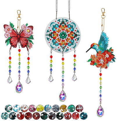Dqwtb 3pcs Diamond Art Kits for Kids Teens Adults Double-Sided DIY Diamond Painting Hanging Ornaments with Crystal Prisms Butterfly Hummingbird Mandala Sun Wind Chimes for Home Garden Decor