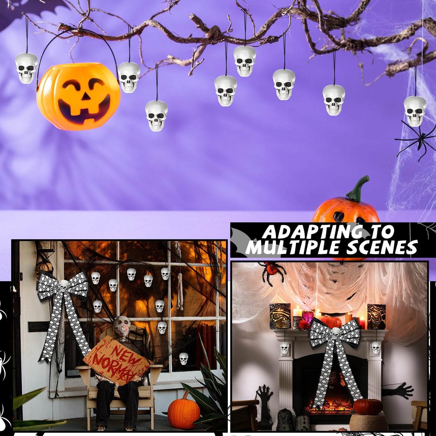 Skull Christmas Ornaments Gothic Tree Topper Spooky Christmas Decorations 1 Pcs Large Skull Tree Topper Bow and 24 Pcs Small Plastic Skeleton Head Hanging Ornament for Xmas Front Door Outdoor