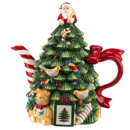 Spode Christmas Tree Figural Teapot - Festive 27 oz Christmas Teapot with Mistletoe Accents, Peppermint Stripe Spout, and Ribbon Handle - Decorative Dolomite Tea Pot for Holiday Tea Parties