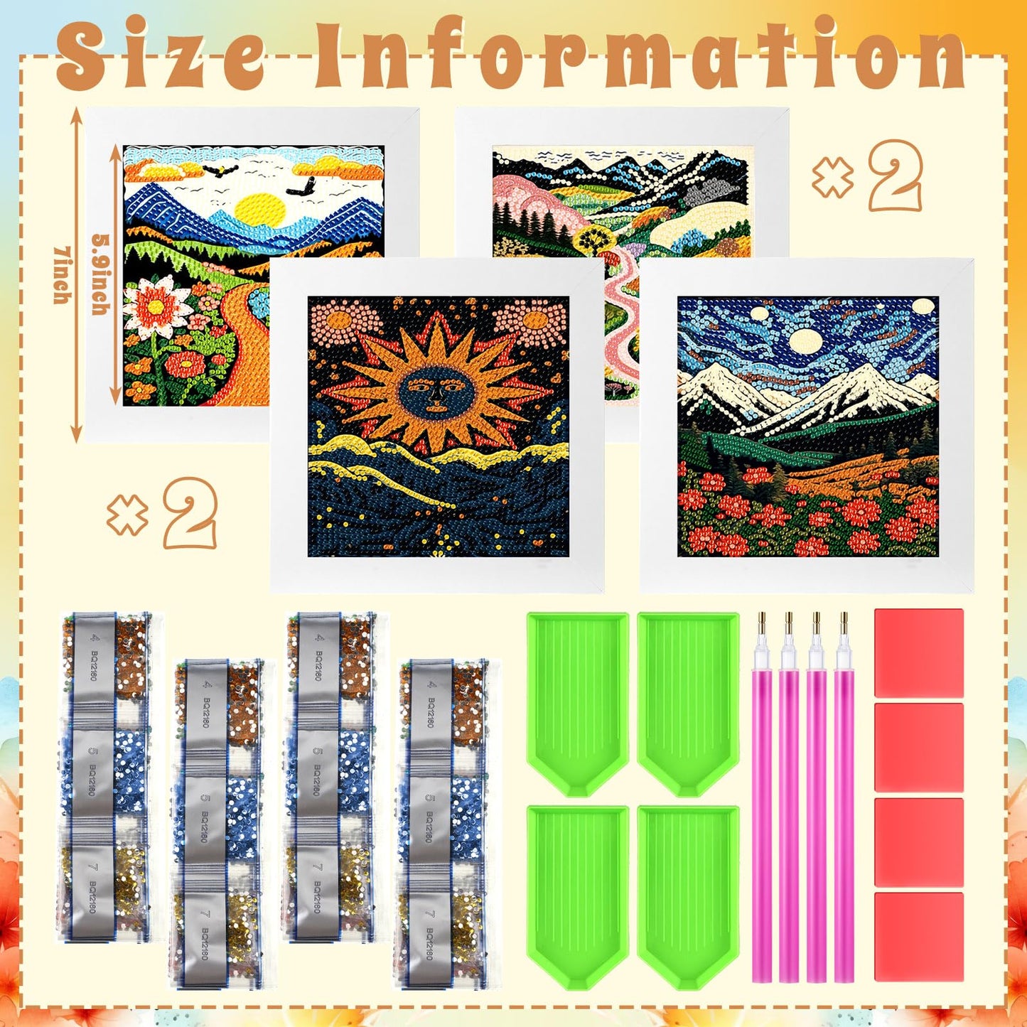 Geyoga 4 Pcs Boho Diamond Painting Kits with Frame Adults Sun and Moon Diamond Art Kits for Adults Beginner Kids Landscape Arts and Crafts Abstract Rhinestone Gem Art Table Decor Gift 7x7inch