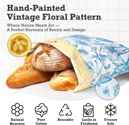 Yolysudo 2 Pack 17''x 13" Reusable Vintage Floral Beeswax Bread Bags for Sourdough, Large Beeswax-Lined Cotton Homemade