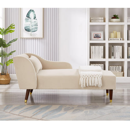 GDFStudio Upholstered Chaise Lounge Chair Indoor, Modern Velvet Recliner Lounge Chair with Removable Pillows, Gold Wood Legs, Backrest & Armrest, Reading Chaise Chair for Living Room Bedroom, Beige