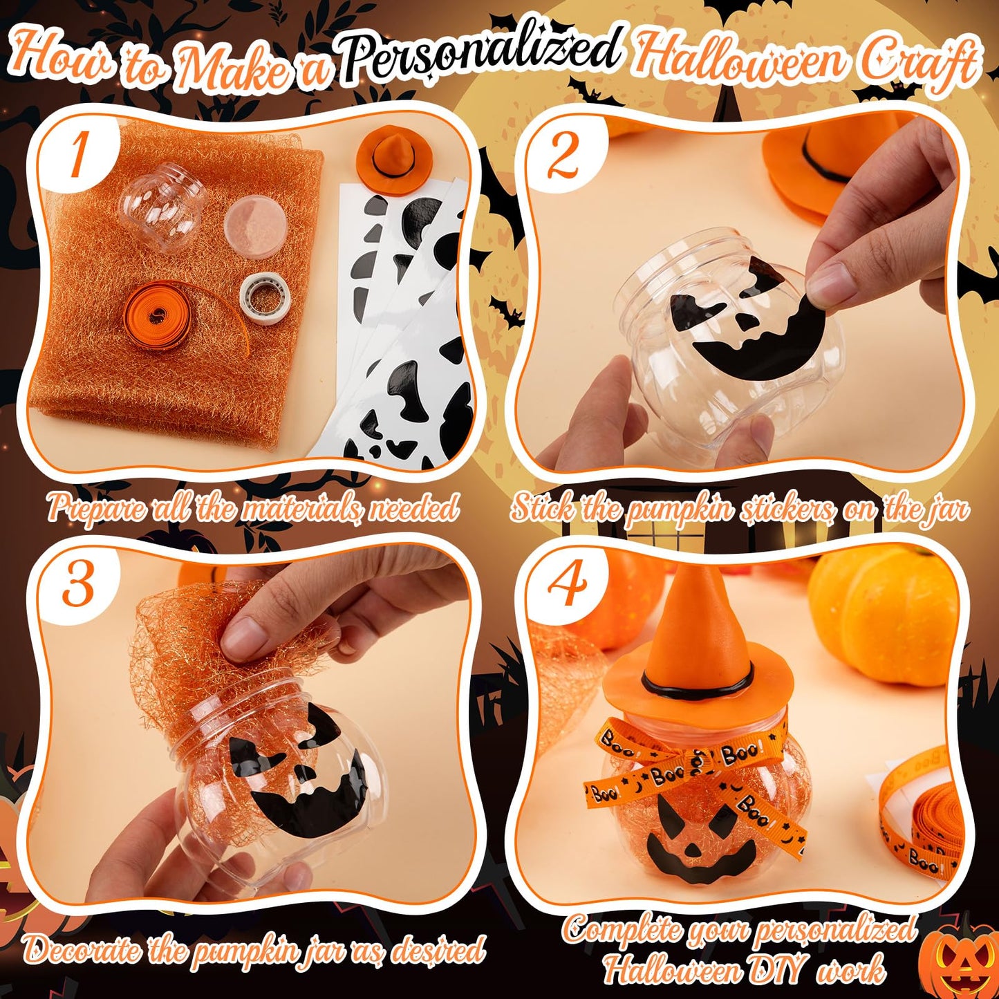 Acellegic 16 Sets Halloween Pumpkin Candy Jars Halloween DIY Craft Pumpkin Party Favors Trick or Treat Kit Plastic Cookie Candy Jars with Lids Witch Hat Stickers Mesh Ribbon Glue Decoration(Orange)