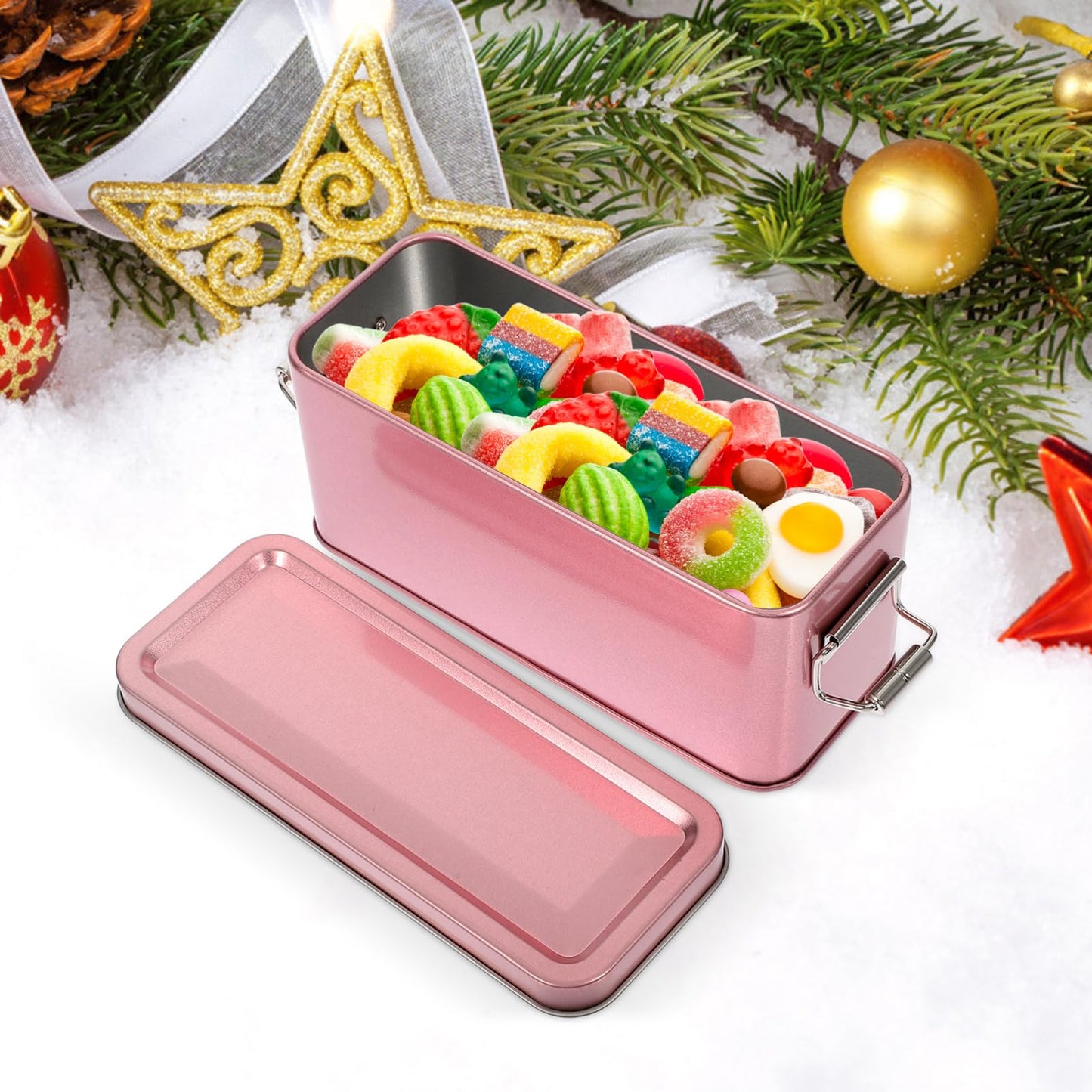 Beaupretty Tinplate Case with Lid 5.90X2.55X2.36In Airtight Cookie Storage Box Multi-Use Biscuit Container Metal Candy Case for Home Kitchen Organization