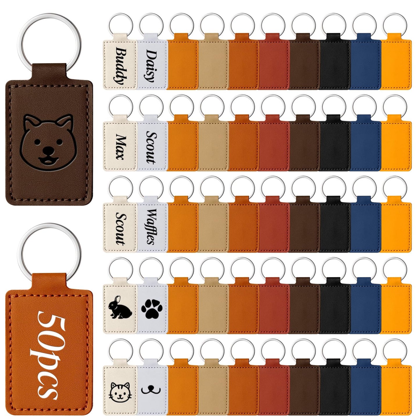 50 Pcs Blank Leather Keychains Bulk, Leather Blanks for Laser Engraving, Rectangular DIY Key Fob Kit with Metal Rings for Stamping Crafts, Personalized Gifts for Men Women