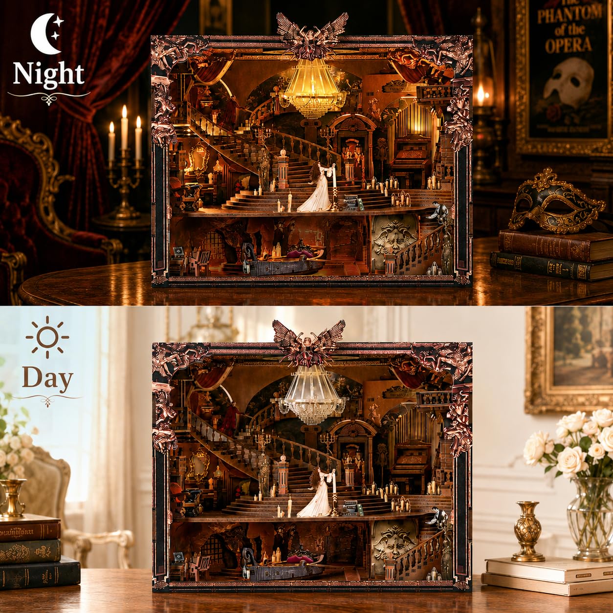CCCDF Book Nook Kits for Adults, DIY Miniature House Kit with Dust Cover & 3-Level Dimmable LED Lights, 3D Wooden Puzzle for Collectible Home Decor Gift (Phantom of The Opera Max)