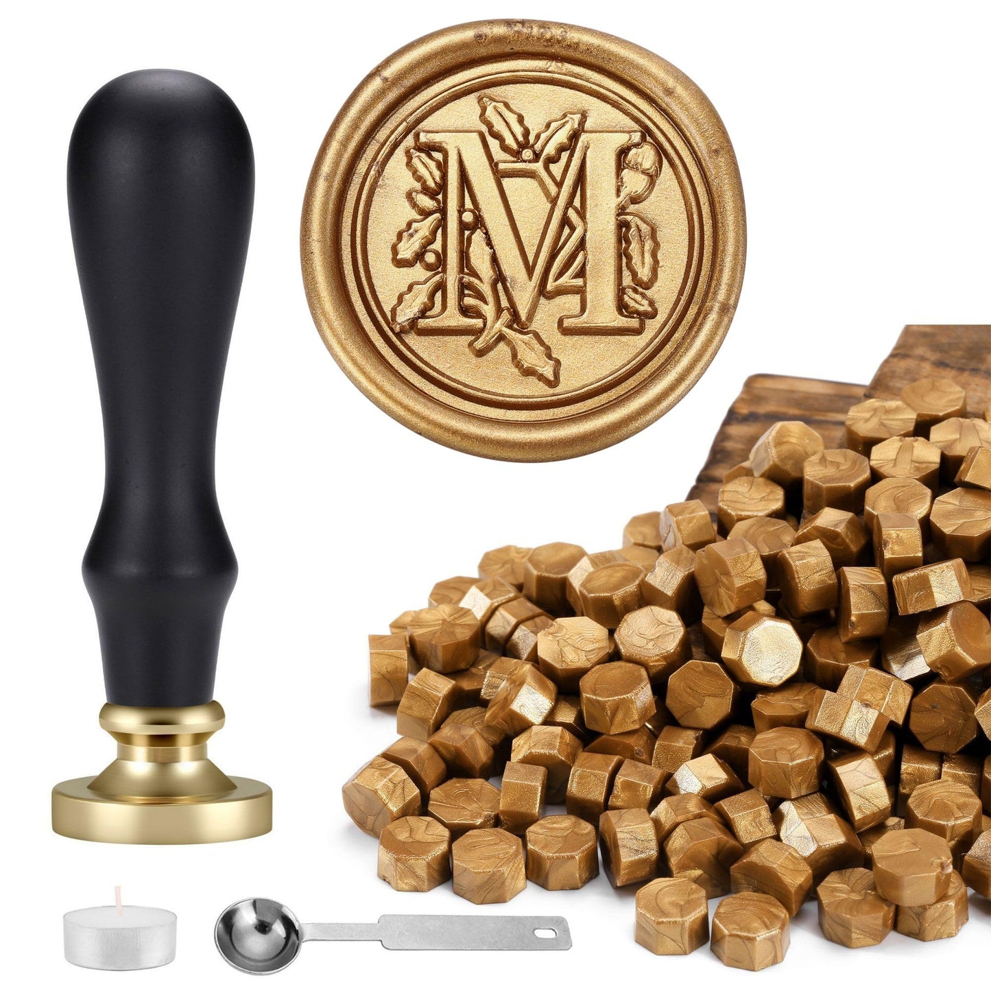Yoption Traditional Initial Alphabet Wax Seal Stamp with 120 Antique Gold Wax Seal Beads Kit for Wedding Engagement Party Invitation Envelope Christmas Gift Wrap - Letter M