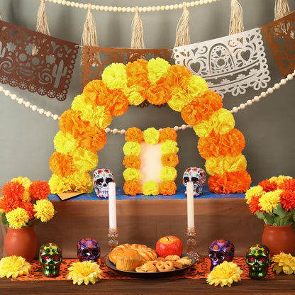 Canlierr Day of The Dead Marigold Arch Kit 24 Inches Wood Dia De Los Muertos Cemetery Grave Decorations Wooden Artificial Marigold Flowers Arch with Stake for Gravestone Graveyard Ground Outdoor