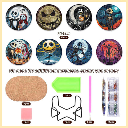 8 Pcs Halloween Diamond Painting Coasters Kits for Adults Beginners, DIY Horror Skull Diamond Art Coasters with Holder, Full Drill Rhinestone Painting Coaster Kits for Supplies Gifts 4X4 Inch.